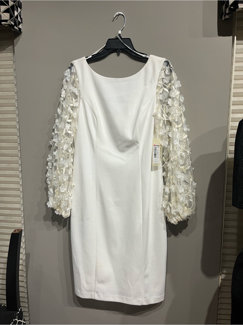 Eliza J White Midi Dress with 3D Floral Sheer Sleeves